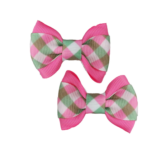 Pink/Green Gingham on Pink Hair Bows