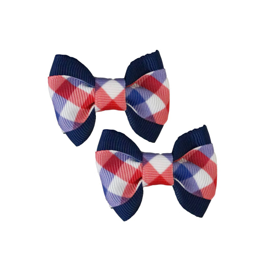 Red/White/Blue Gingham on Blue Hair Bows